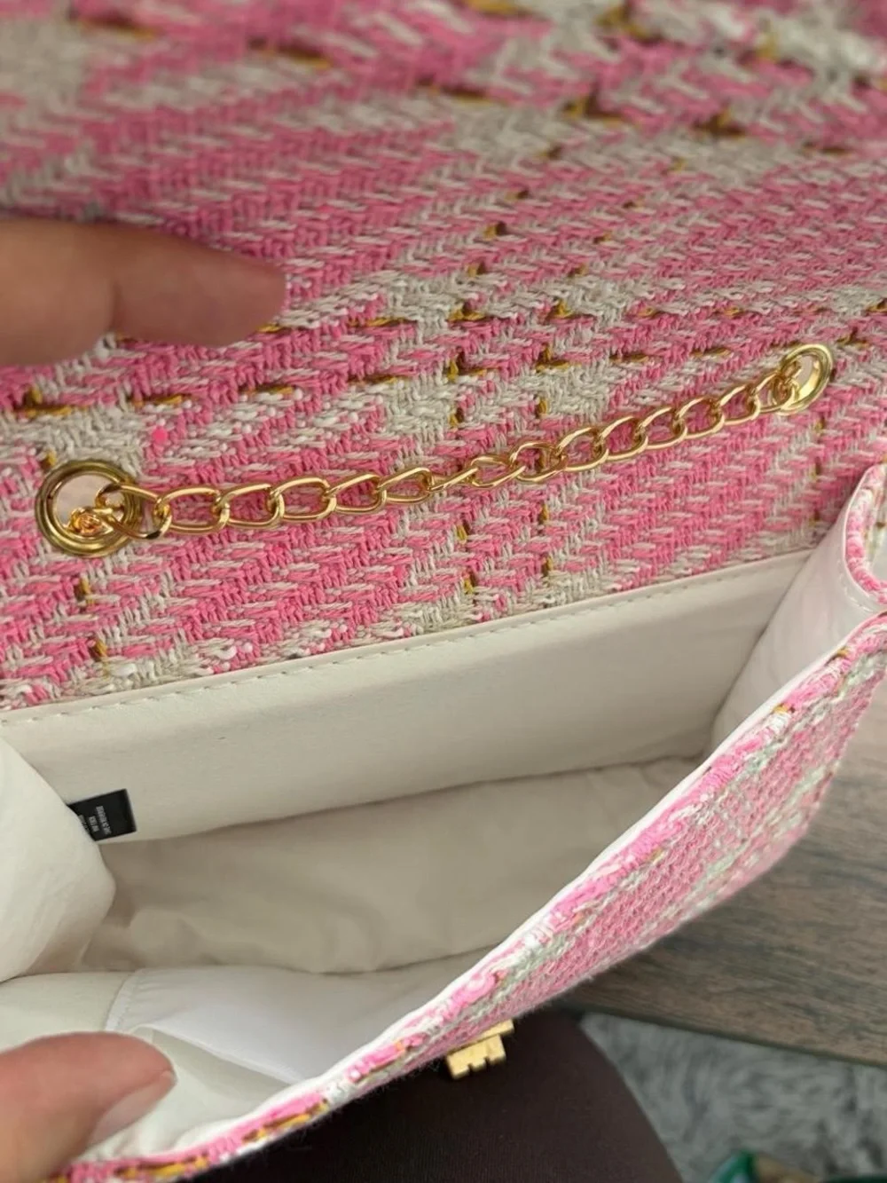 Francesca's Collections Pink Tweed Chain Crossbody Bag with Gold Chain